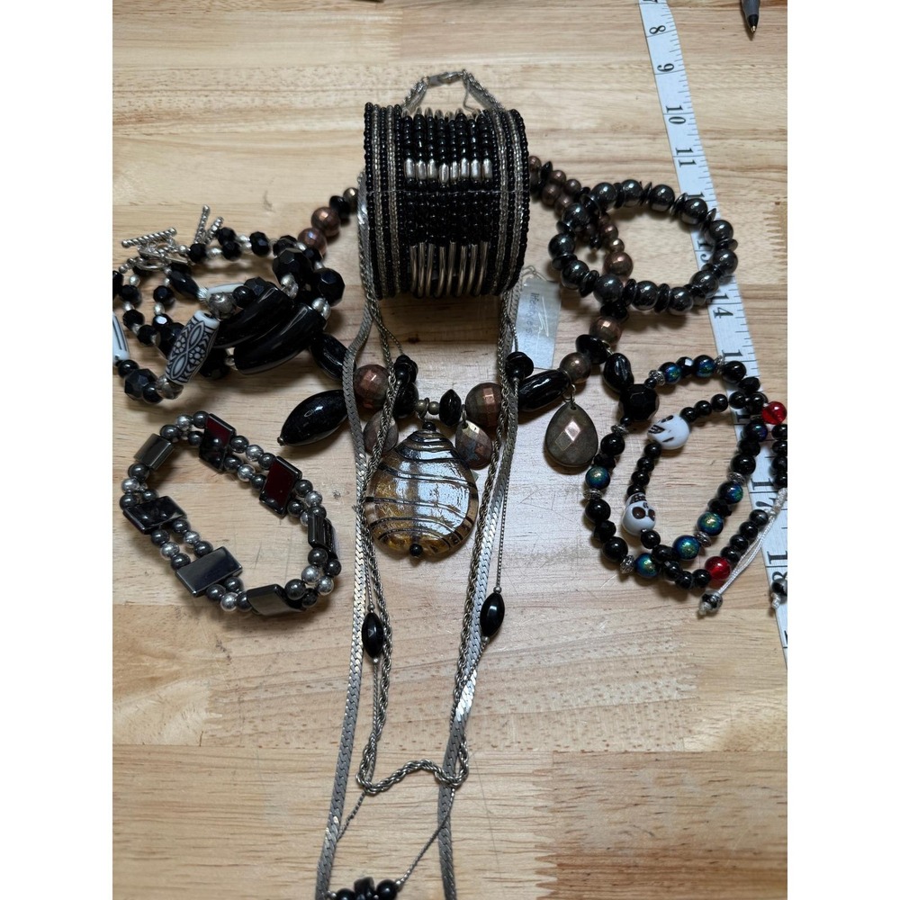 Silver Tone Black Bead Skull Jewelry Lot Bohemian Goth Aesthetic